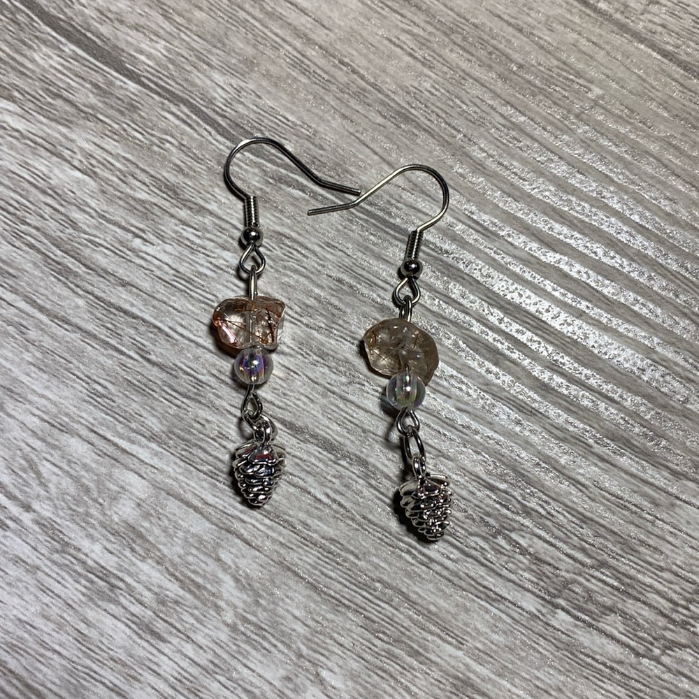 Rutilated quartz crystal acorn dangle earrings